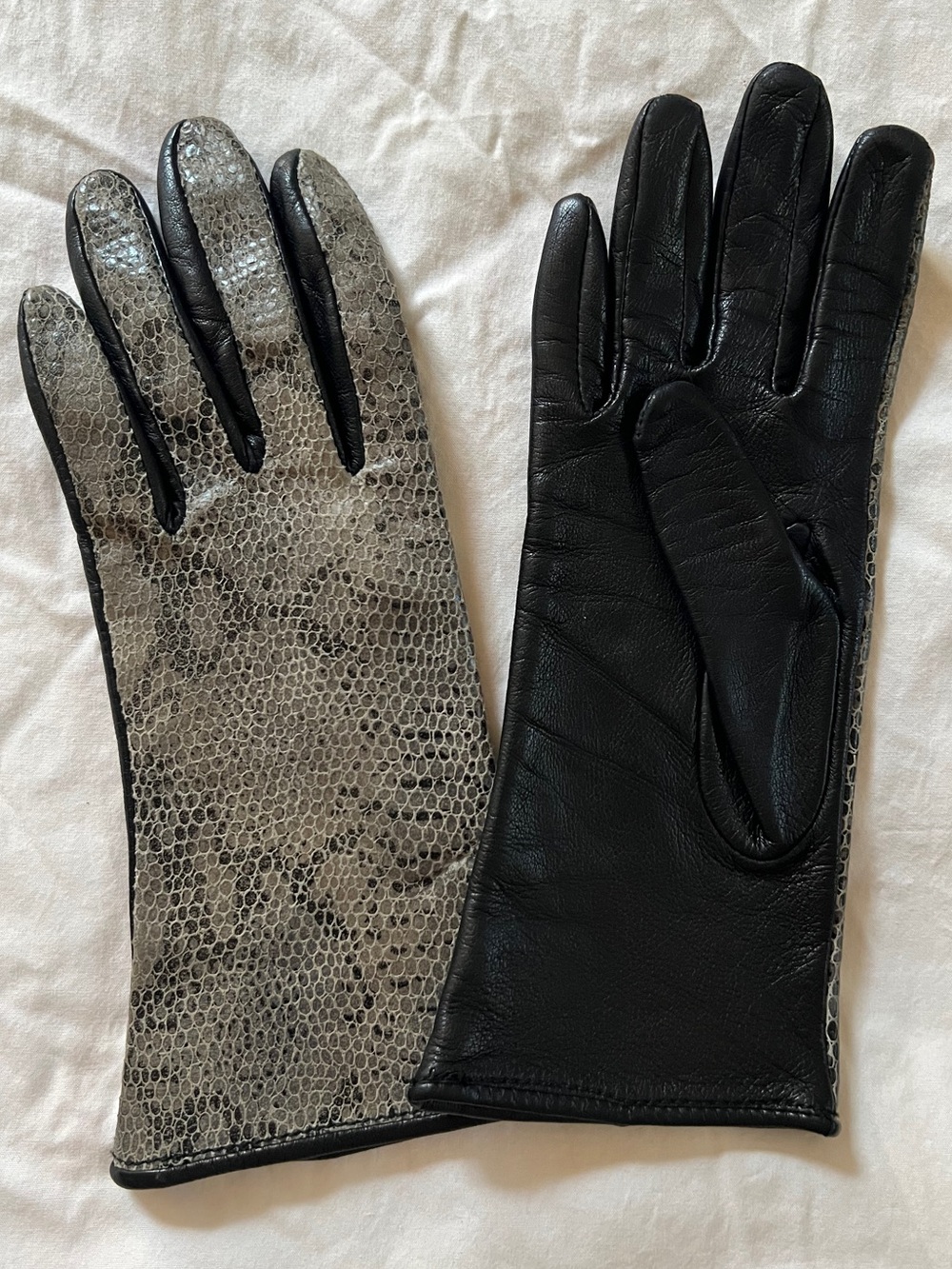 Black and Gray Leather Gloves with Textured Snakeskin front
